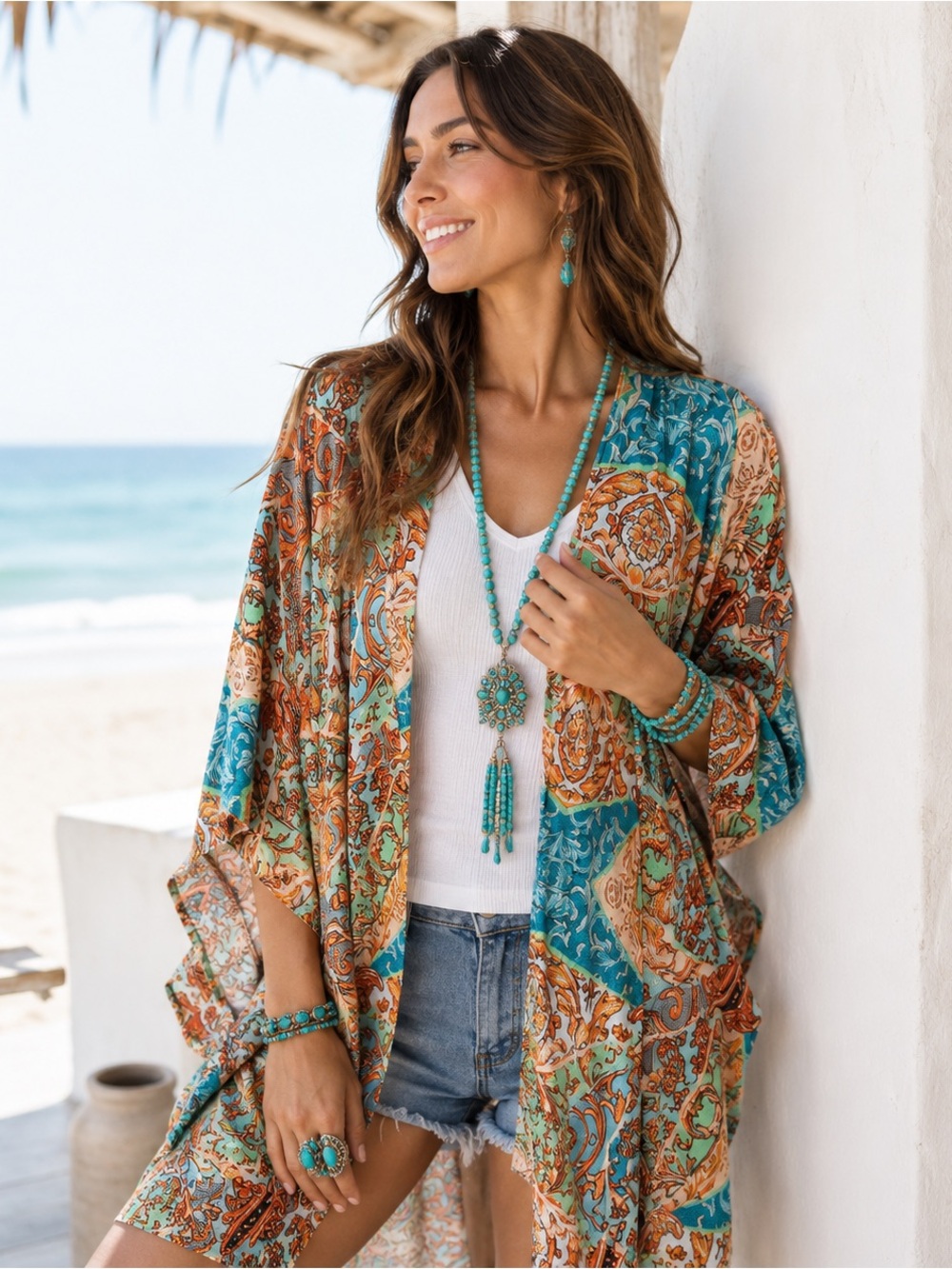 Boohoo Satin Boho Kimono Cover Up Turquoise Paisley Beach Resort S